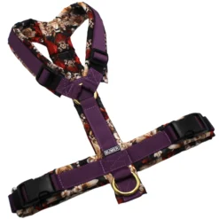 BUMER Hundegeschirr, gepolstert, Größe M/L, Gurtband PREMIUM Lavender Luxe, OXFORD Florale Eleganz, Ringe goldfarbig, Schnallen schwarz (DURAFLEX®)