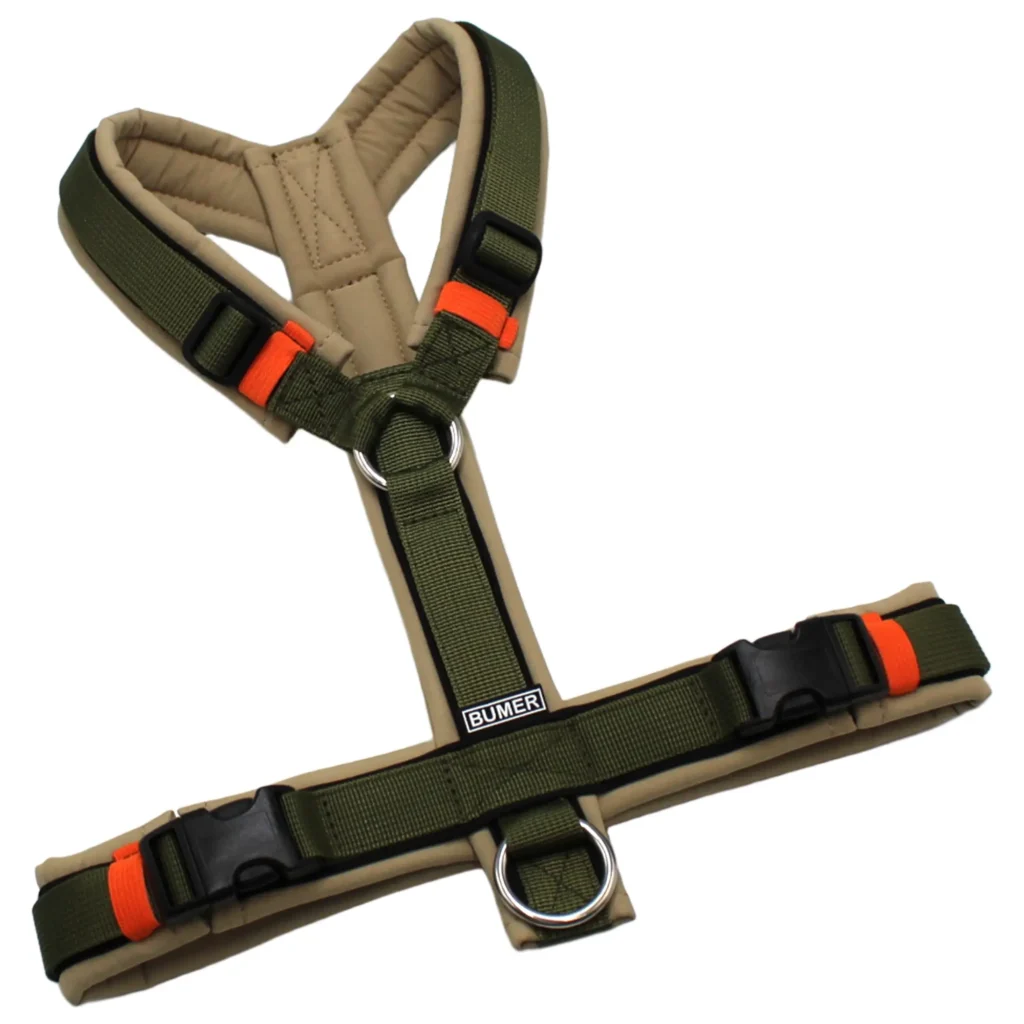 BUMER Hundegeschirr, gepolstert, Größe S/M, Gurtband PREMIUM Wiesensalbei, Softshell Sandgreige, Ringe silberfarbig (Edelstahl), Schnallen schwarz (DURAFLEX®), Paspel schwarz (komplett)