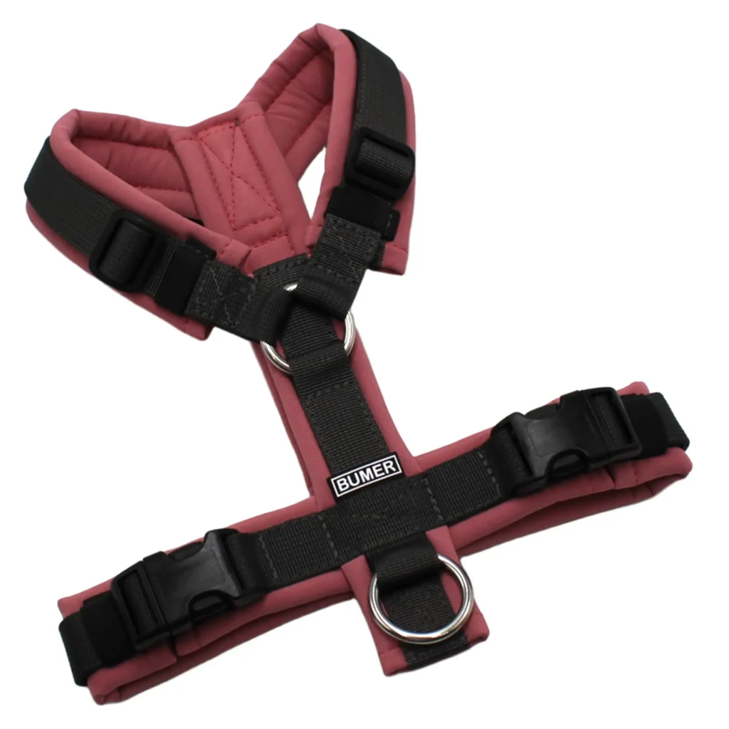 BUMER Hundegeschirr, gepolstert, Größe XS, Gurtband PREMIUM Camouflage Green, Softshell Dusty Rose, Ringe silberfarbig (Edelstahl), Schnallen schwarz (DURAFLEX®)