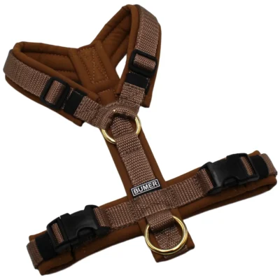BUMER Hundegeschirr, gepolstert, Größe XS, Gurtband: PREMIUM X Hellbraun, Caffe Latte: Nebelblau, Ringe: goldfarbig, Schnallen: schwarz (DURAFLEX®)