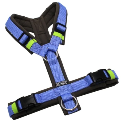 BUMER Hundegeschirr, gepolstert, Größe XS/S, Gurtband: PREMIUM X Light Blue, Softshell: Schlamm Olive, Ringe: silberfarbig (Edelstahl), Schnallen: schwarz (DURAFLEX®), Gummi: Limeburst