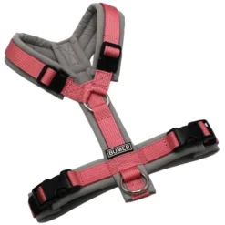 BUMER Hundegeschirr, gepolstert, Größe XXS, Gurtband PREMIUM Perlmutt Rosa, Softshell Hellrau, Ringe silberfarbig (Edelstahl), Schnallen schwarz (DURAFLEX®)