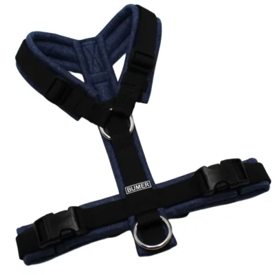 BUMER Hundegeschirr, gepolstert, Größe L, Gurtband: PREMIUM Pitch Black, Softshell: Indigo Meliert, Ringe: silberfarbig (Edelstahl), Schnallen: schwarz (DURAFLEX®)