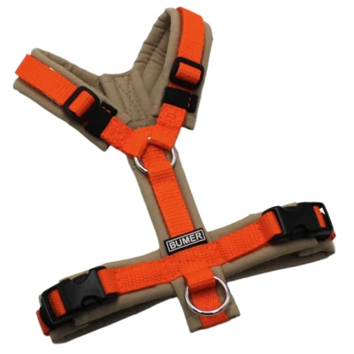 BUMER Hundegeschirr, gepolstert, Größe XXS/XS, Gurtband: PREMIUM X Safran Glut, Softshell: Sandgreige, Ringe: silberfarbig (Edelstahl), Schnallen: schwarz (DURAFLEX®)