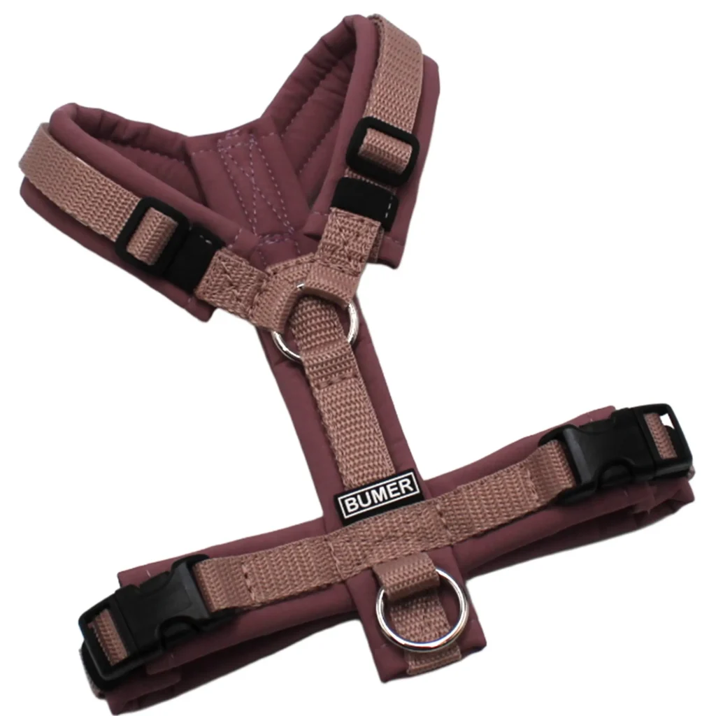 BUMER Hundegeschirr, gepolstert, Größe XXS/XS, Gurtband Schmutziges Rosa, Softshell Smoky Violet, Ringe silberfarbig (Edelstahl), Schnallen schwarz (DURAFLEX®)