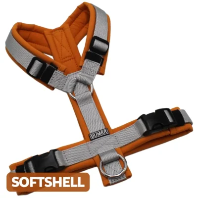 BUMER Hundegeschirr, gepolstert, Gurtband: PREMIUM Muschelgrau, Softshell: Zimt Orange, Ringe: silberfarbig (Edelstahl), Schnallen: schwarz (DURAFLEX®)