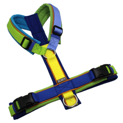 BUMER Hundegeschirr, Größe M, Gurtband: MULTICOLOR, Softshell: MULTICOLOR, Ringe: silberfarbig (Edelstahl), Schnallen: schwarz (DURAFLEX®), Paspel: Zimt Orange (komplett)