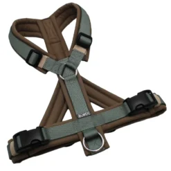 BUMER Hundegeschirr, Größe M, Gurtband PREMIUM Salbei, Softshell Pumseed-Taupe, Ringe silberfarbig (Edelstahl), Schnallen schwarz (DURAFLEX®), Bruststeg geteilt