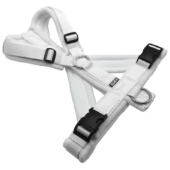 BUMER Hundegeschirr, Größe M, Gurtband PREMIUM Silken Snow, Fleece weiss, Ringe silberfarbig (Edelstahl), Schnallen schwarz (DURAFLEX®), Bruststeg geteilt