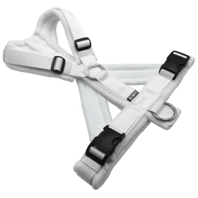 BUMER Hundegeschirr, Größe M, Gurtband: PREMIUM Silken Snow, Fleece: weiss, Ringe: silberfarbig (Edelstahl), Schnallen: schwarz (DURAFLEX®), Bruststeg: geteilt