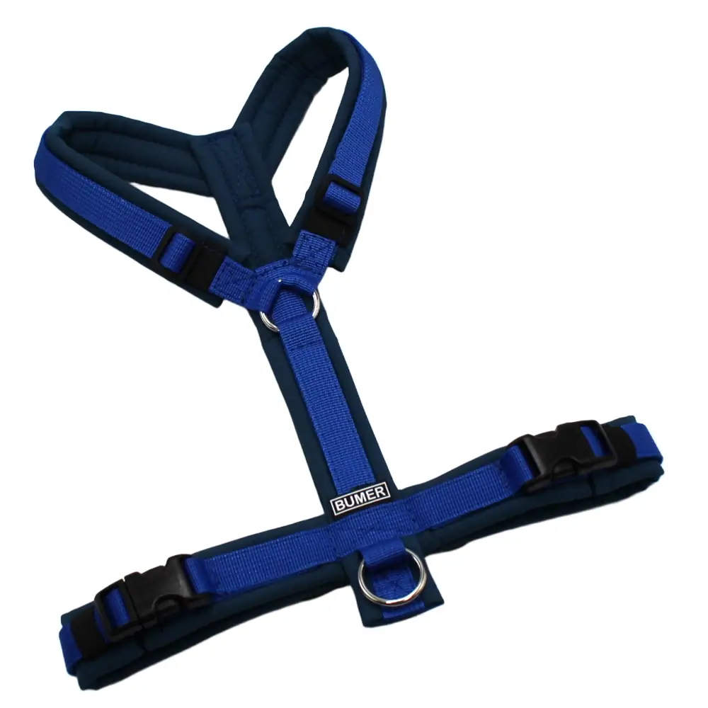 BUMER Hundegeschirr, Größe S, Gurtband PREMIUM Royal Saphire (15mm), Softshell Petrolshade, Ringe silberfarbig (Edelstahl), Schnallen schwarz (DURAFLEX®)