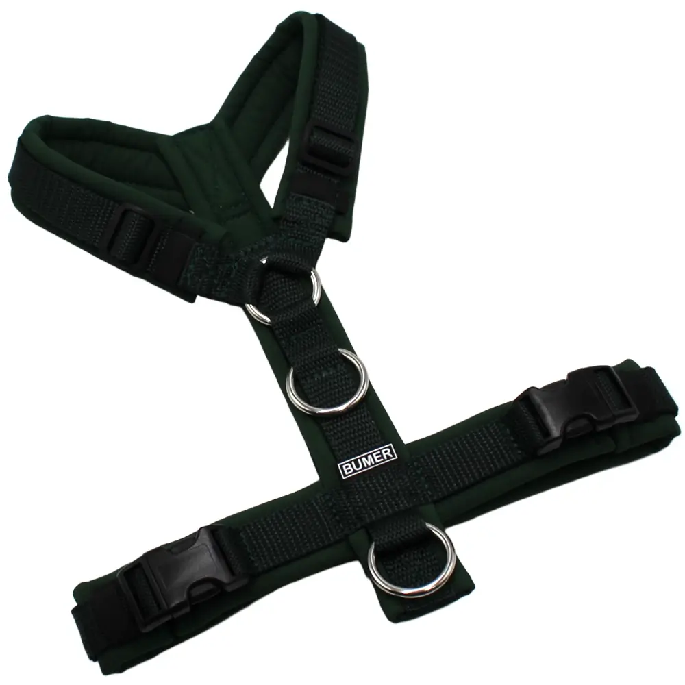 BUMER Hundegeschirr, Größe S, Gurtband PREMIUM X Dunkelgrün, Softshell Smaragdgrün, Ringe silberfarbig (Edelstahl), Schnallen schwarz (DURAFLEX®), Zusatzring Rückensteg