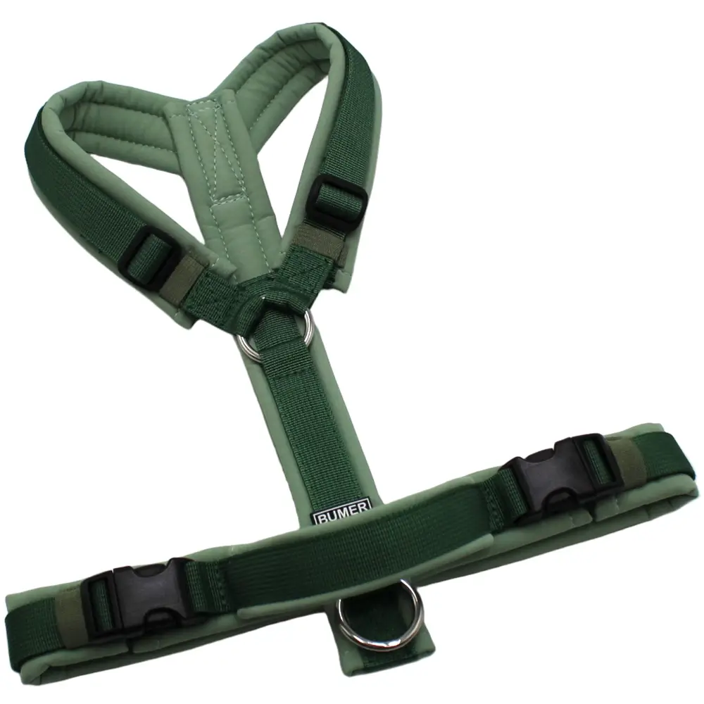 BUMER Hundegeschirr, Größe S/M, Gurtband PREMIUM Evergreen Dream, Softshell Eukalyptus, Ringe silberfarbig (Edelstahl), Schnallen schwarz (DURAFLEX®), Haltegriff, Gummi Mossveil