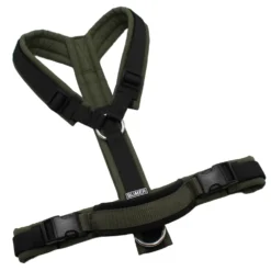 BUMER Hundegeschirr, Größe S/M, Gurtband PREMIUM Pitch Black, Softshell Olive, Ringe silberfarbig (Edelstahl), Schnallen schwarz (DURAFLEX®), Haltegriff