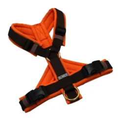 BUMER Hundegeschirr, Größe XS, Gurtband PREMIUM Cocoa Bean, Softshell Naranjada, Ringe goldfarbig, Schnallen schwarz (DURAFLEX®), Bruststeg geteilt (flach)