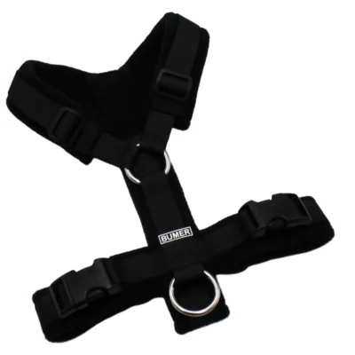 BUMER Hundegeschirr, Größe XS, Gurtband: PREMIUM Pitch Black, Fleece: schwarz, Ringe: silberfarbig (Edelstahl), Schnallen: schwarz (DURAFLEX®)