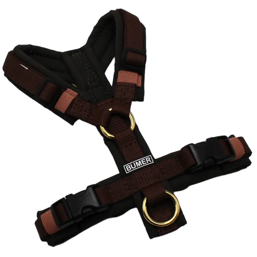 BUMER Hundegeschirr, Größe XXS, Gurtband Standard PLUS Dunkelbraun, Softshell Ebenholzbraun, Ringe goldfarbig, Schnallen schwarz (DURAFLEX®)