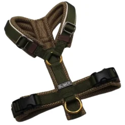 BUMER Hundegeschirr, Größe XXS / XS, Gurtband PREMIUM Wiesensalbei, MESH Sand, Ringe goldfarbig, Schnallen schwarz (DURAFLEX®)