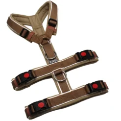 BUMER Sicherheitsgeschirr, Größe M, Gurtband PREMIUM Caramel Rust, Softshell Sadgreige, Ringe silberfarbig (Edelstahl), Schnallen schwarz (mit Sicherung), Zusatzring Rückensteg, Trackerschlaufe Rückensteg, Paspel weiss (komplett), Gummi Maplewood