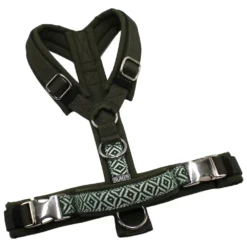 BUMER BOHO Hundegeschirr, Größe M, Gurtband Dunkelolive, Softshell Olive, Ringe silberfarbig (Edelstahl), Schnallen Aluminium