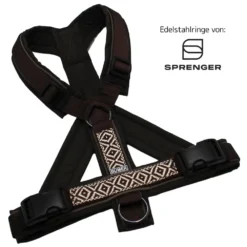 BUMER BOHO Hundegeschirr, Größe M, Gurtband PREMIUM Cocao Bean, Softshell Ebenholzbraun, Ringe schwarz (Edelstahl), Schnallen schwarz (DURAFLEX®)