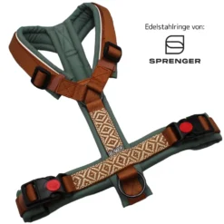 BUMER BOHO Hundegeschirr, Größe M, Gurtband: PREMIUM Copper Glow, Softshell: Schilfgrün, Ringe: schwarz (Edelstahl), Schnallen: schwarz (mit Sicherung)