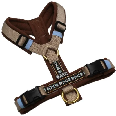 BUMER BOHO Hundegeschirr, Größe XS, Gurtband: PREMIUM Soft Beige, Softshell: Kupferkastanie, Ringe: goldfarbig, Schnallen: schwarz (DURAFLEX®)