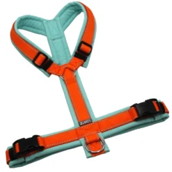 BUMER Hundegeschirr, Größe L, Gurtband Blutorange REFLEX, Softshell Jadenluft, Ringe silberfarbig (Edelstahl), Schnallen schwarz (DURAFLEX®)