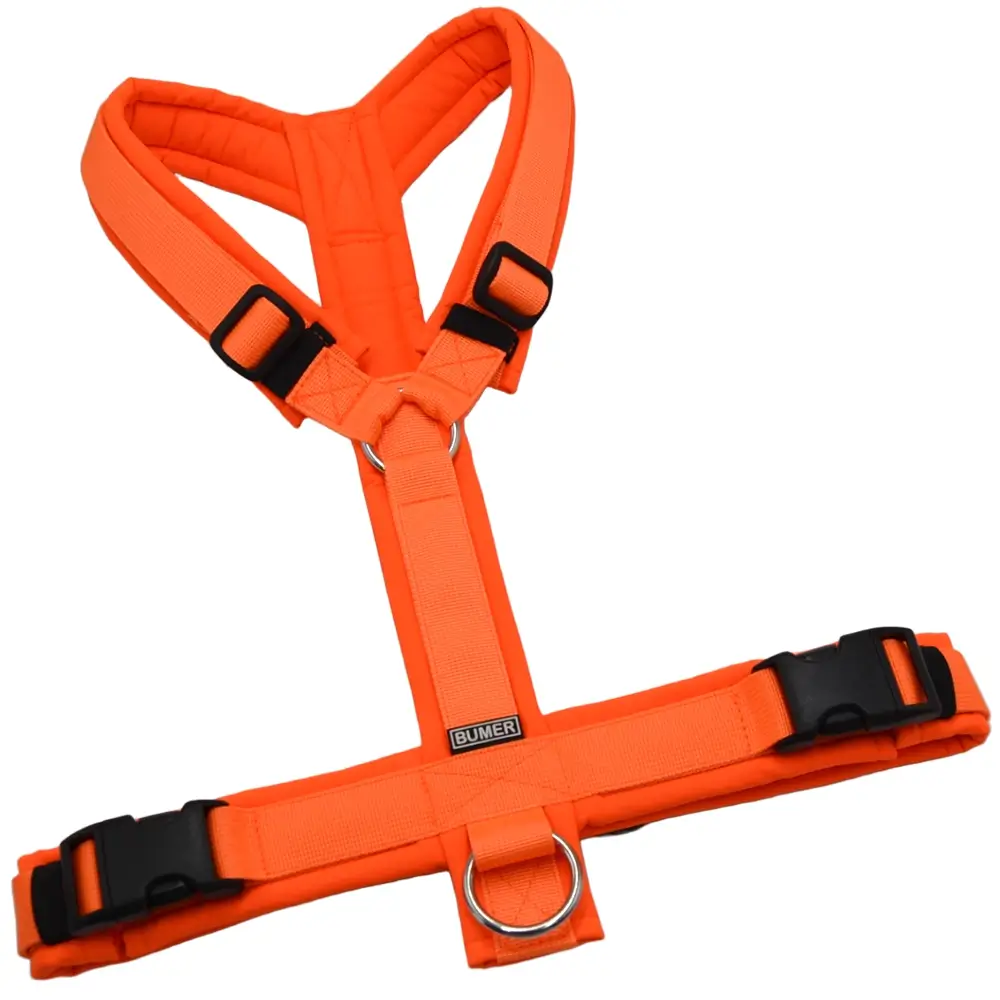 BUMER Hundegeschirr, Größe L, Gurtband PREMIUM Electric Pumkin, Softshell Neonorange, ohne Paspel