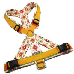 BUMER Hundegeschirr, Größe L, Gurtband PREMIUM Sunburst Yellow, Softshell Desi Summer, Ringe silberfarbig (Edelstahl), Schnallen schwarz (DURAFLEX®)
