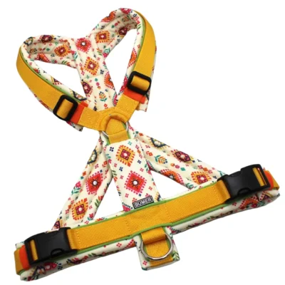 BUMER Hundegeschirr, Größe L, Gurtband PREMIUM Sunburst Yellow, Softshell: Desi Summer, Ringe silberfarbig (Edelstahl), Schnallen schwarz (DURAFLEX®)