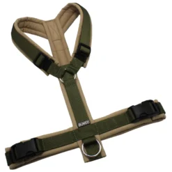 BUMER Hundegeschirr, Größe L, Gurtband PREMIUM Wiesensalbei, Softshell Sandgrege, Ringe silberfarbig (Edelstahl), Schnallen schwarz (DURAFLEX®)