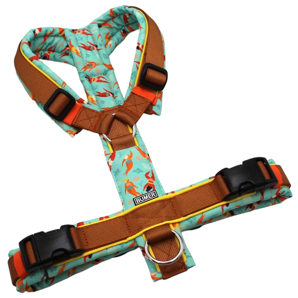 BUMER Hundegeschirr, Größe M, Gurtband PREMIUM Copper Glow, Softshell AquaSol, Ringe silberfarbig (Edelstahl), Schnallen schwarz (DURAFLEX®)