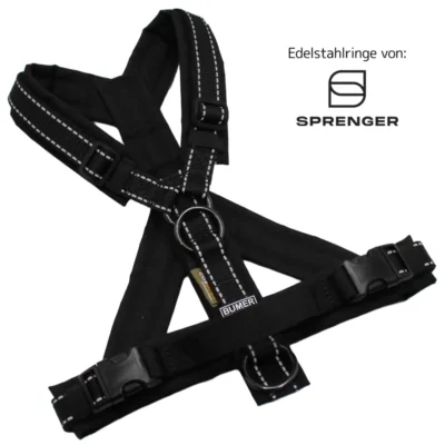 BUMER Hundegeschirr, Größe S, Gurtband: schwarz (REFLEX), CORDURA®: schwarz, Ringe: schwarz (Edelstahl), Schnallen: schwarz (DURAFLEX®)