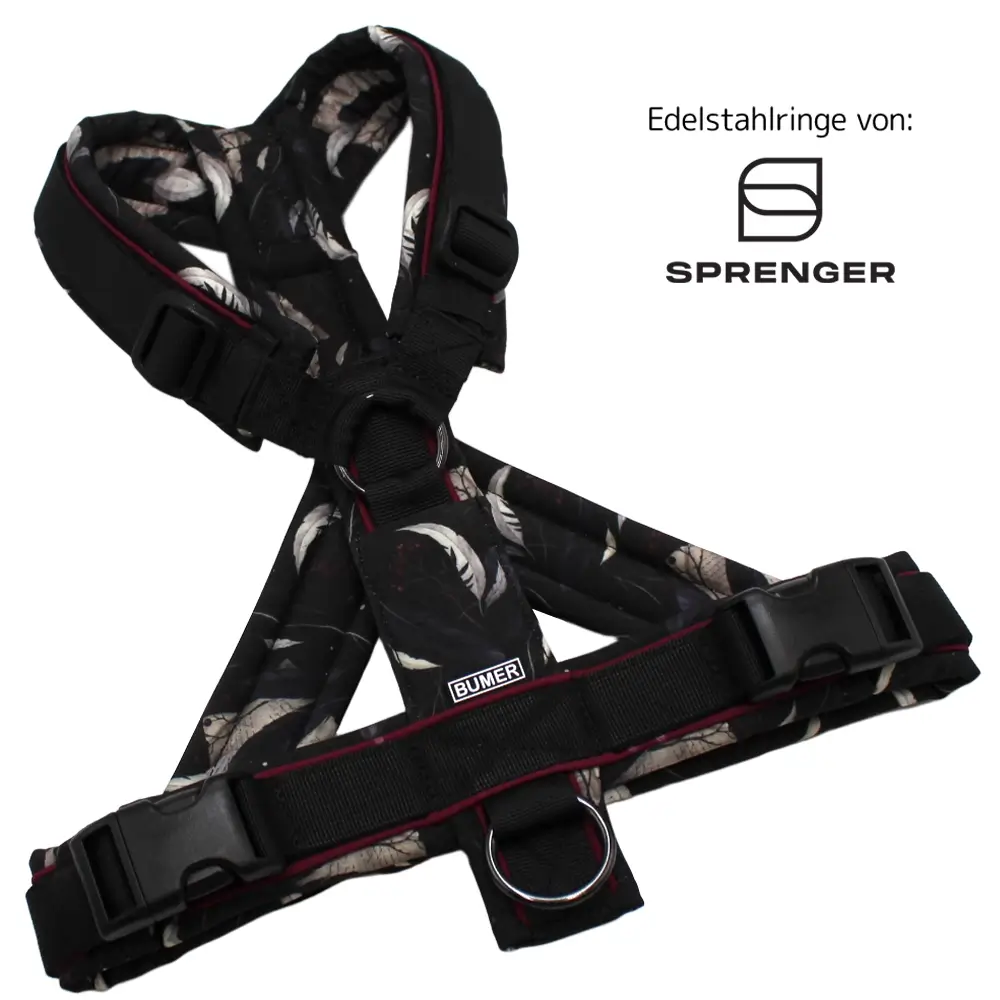 BUMER Hundegeschirr, Größe M, Gurtband PREMIUM Pitch Black, Softshell Vestige, Ringe schwarz (Edelstahl), Schnallen schwarz (DURAFLEX®)