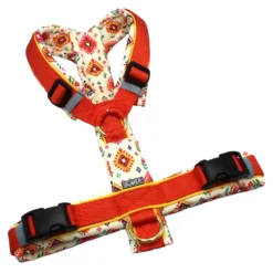 BUMER Hundegeschirr, Größe M, Gurtband PREMIUM Scarlet Essence, Softshell Desi Summer, Ringe goldfarbig, Schnallen schwarz (DURAFLEX®), Applikation