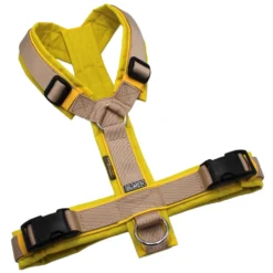 BUMER Hundegeschirr, Größe M, Gurtband PREMIUM Soft Beige, CORDURA® gelb, Ringe silberfarbig (Edelstahl), Schnallen schwarz (DURAFLEX®)