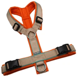 BUMER Hundegeschirr, Größe M, Gurtband PREMIUM Soft Beige, Softshell Naranjada, Ringe silberfarbig (Edelstahl), Schnallen schwarz (DURAFLEX®)