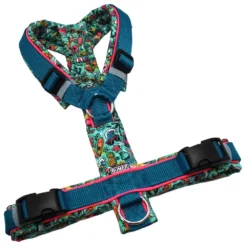 BUMER Hundegeschirr, Größe M, Gurtband PREMIUM X Petrol, Softshell Tropical Splash, Ringe silberfarbig (Edelstahl), Schnallen schwarz (DURAFLEX®)