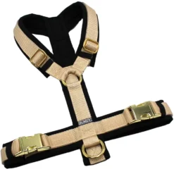 BUMER Hundegeschirr, Größe M, Gurtband Standard PLUS Creme, Softshell Schwarz, Ringe/Schnallen/Schieber goldfarbig