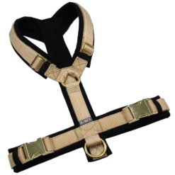 BUMER Hundegeschirr, Größe M, Gurtband Standard PLUS Creme, Softshell Schwarz, Ringe goldfarbig, Schnallen/Schieber goldfarbig (Metall)