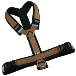 BUMER Hundegeschirr, Größe M/L, Gurtband PREMIUM Caramel Rust, Softshell Waldnachtgrün, Ringe silberfarbig (Edelstahl), Schnallen schwarz (DURAFLEX®)