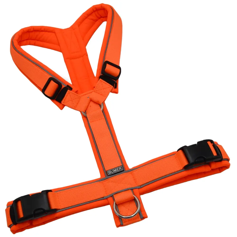 BUMER Hundegeschirr, Größe S, Gurtband PREMIUM Electric Pumkin, Softshell Neonorange, Ringe silberfarbig (Edelstahl), Schnallen schwarz (DURAFLEX®)