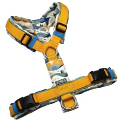 BUMER Hundegeschirr, Größe S, Gurtband PREMIUM Sunburst Yellow, Softshell Nordic Trails, Ringe silberfarbig (Edelstahl), Schnallen schwarz (DURAFLEX®)