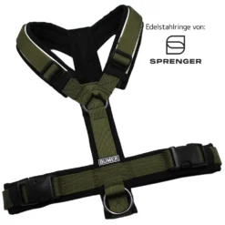 BUMER Hundegeschirr, Größe S, Gurtband PREMIUM Wiesen Salbei, Softshell Schwarz, Ringe schwarz (Edelstahl), Schnallen schwarz (DURAFLEX®)