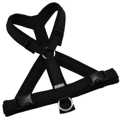 BUMER Hundegeschirr, Größe S/M, Gurtband: PREMIUM Pitch Black, Softshell: Schwarz, Ringe: silberfarbig (Edelstahl), Schnallen: schwarz (DURAFLEX®)