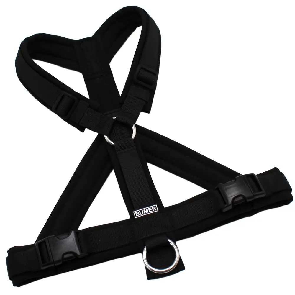 BUMER Hundegeschirr, Größe S/M, Gurtband PREMIUM Pitch Black, Softshell Schwarz, Ringe silberfarbig (Edelstahl), Schnallen schwarz (DURAFLEX®)