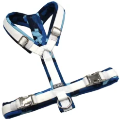 BUMER Hundegeschirr, Größe S/M, Gurtband PREMIUM Silken Snow, Softshell Ocean Camo, Ringe silberfarbig (Edelstahl), Schnallen/Schieber Metall (silberfarbig)