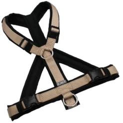 BUMER Hundegeschirr, Größe S/M, Gurtband PREMIUM Soft Beige, Oxford Tannengrau, Ringe silberfarbig (Edelstahl), Schnallen schwarz (DURAFLEX®)