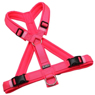BUMER Hundegeschirr, Größe S/M, Gurtband: PREMIUM Vibrant Magenta, Softshell: Neonpink, Ringe: silberfarbig (Edelstahl), Schnallen: schwarz (DURAFLEX®)